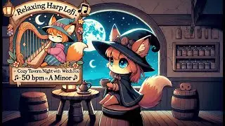 Relaxing Harp Lofi - Relaxing Study in Tavern Night with Chibi Witch Fox | 50 BPM A Minor
