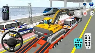 Trailer Truck Rescue by Heavy Excavator & Police Van | City Railway Crossing Crash 3D Driving Class