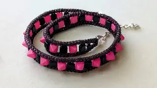 Studded wrap bracelet/choker with pyramid, tile beads, and SilverSilk pearlesque chain.