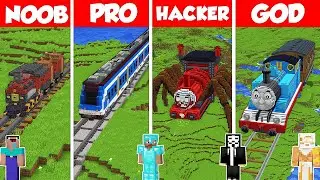 TRAIN BASE HOUSE BUILD CHALLENGE - Minecraft Battle: NOOB vs PRO vs HACKER vs GOD / Animation