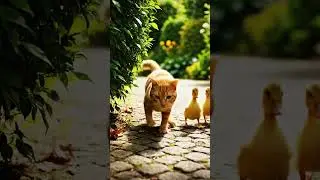 Rolling cat, curious duckling nearly create playful scene in garden path