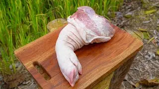 Pig's feet grilled on stick in the rice field | Bushcraft Cooking | Outdoor Cooking