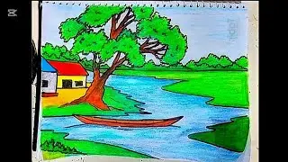 Easy and beautiful village landscape scenery drawing//spring season village scenery drawing 