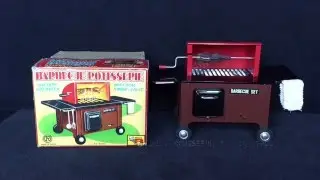 Barbeque & Rotisserie Japan Battery Operated Tin Toy, Smoking, Modern Toys, M-T Co. 1950s