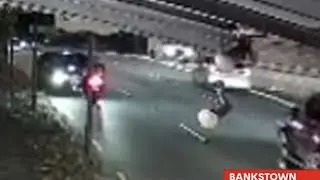 Food delivery rider almost dies at Bankstown when out of control speeding car hits him head on