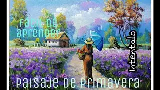 #50. Como pintar paisaje de PRIMAVERA, con mujer con SOMBRILLA AZUL.