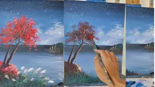 Step-by-Step Acrylic Painting Tutorial: Red Blossom Tree & Pampas Grass by Moonlit River | Beginners