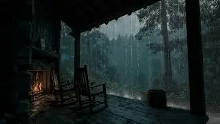 Late Night Rain with Cozy Fireplace 🌧️ Nature Sounds for Stress Relief - Forest Porch Ambience