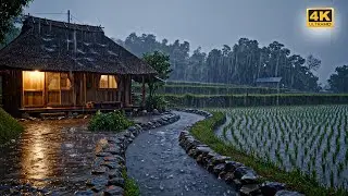 Authentic Indonesia Night Rain: Wooden Cabin by the Rice Paddies | Soothing Water Flow & Nature