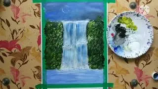 Easy moonlight waterfall acrylic painting for beginners | waterfall painting