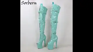 Sorbern Mint Green Boots Women Peep Toe Mid Thigh High Removable Straps 20Cm