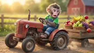 Baby Monkey’s Fruit Tractor Trouble! Flat Tire on the Farm Road! 🐒🚜🍎