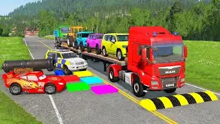 Triple Flatbed Trailer McQueen Transportation with Truck - Speedbumps vs Cars vs Train - BeamNG #7