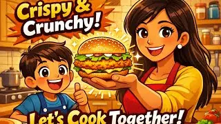 Crispy Chicken Burger at Home 🍔 | Animated Mom & Kid Cooking