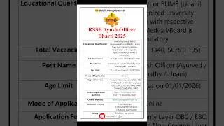 RSSB Ayush Officer Bharti 2025 | New Vacancy 2025 | dailyJobs updates #shorts #rssb #job