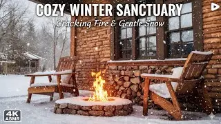Cozy Winter Cabin Porch ❄️ Crackling Fire & Gentle Snowfall (4K ASMR) | 8 Hours for Deep Focus
