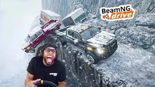 Driving LIFTED trucks on DANGEROUS SNOWY ROADS in BeamNG.Drive lmaooo