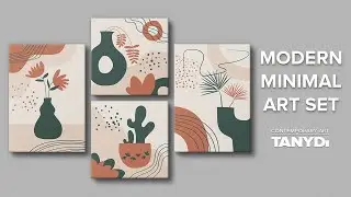Green Beige Burnt Orange Tones, Modern Floral Line Art, Contemporary Minimal Boho Set s4-a4-02