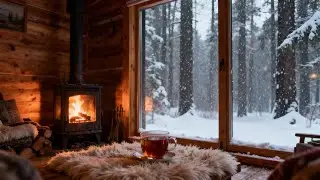 Winter Cabin Fireplace Sounds 🔥 Snow Falling Outside for Tranquil Moments, deep sleep and relax