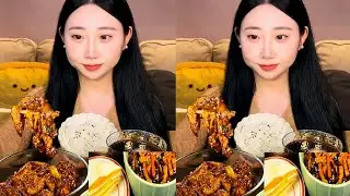 JUICY FISH FLAVORED PORK & EGGPLANT STRIPS | ASMR EATING WITH MANGO LAYER CAKE !