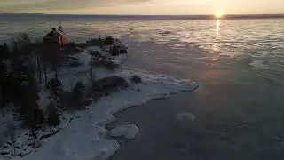 Stunning Winter Sunrise | Frozen Lake Lighthouse Drone