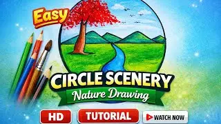 Easy Circle Scenery Nature Drawing | Landscape Scenery Painting 🖌️