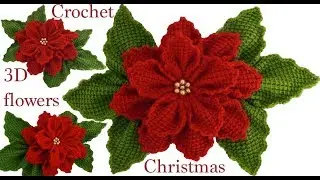 Como hacer flores Nochebuena en 3D con hojas a Crochet en punto tunecino tejido tallermanualperu