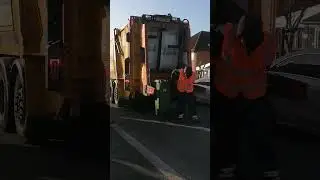 Yellow garbage truck Mercedes, collecting domestic waste bins video for kids