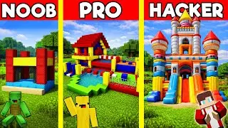BOUNCY CASTLE House Build Battle In Minecraft - NOOB VS PRO CHALLENGE - Maizen Mizen Mazien Parody