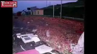 Truck carrying Watermelons Smashes into Toll Booth in China
