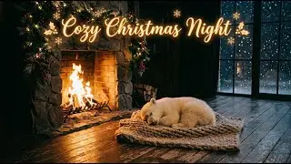 A cozy Christmas night: a sleeping polar bear by the fireplace.