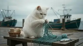 Mom White Cat Repairs the Fishing Net | Cute Cat Moments in Peaceful Cat Life