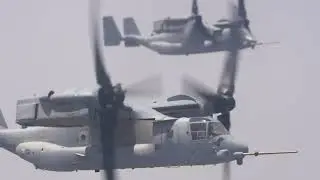 HC-130J conducts tactical air refueling with VMM-163 MV-22s