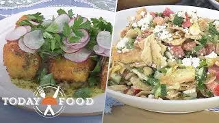 Michael Symon shares 2 recipes: Halibut piccata and pita salad