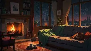 Cozy Rainy Night | Fireplace, Lofi Beats & Relaxing Cat Ambience 🌧️🐈