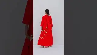 Long sleeve crepe dress with 3D embroidery with high collar neck closed with a bow