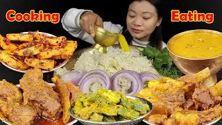 Eating Mutton Curry With Recipe, Bhindi Achaar, Spicy Fried Tofu, Mutton Curry And Rice Mukbang