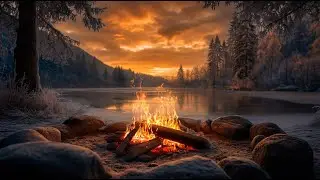 Winter Sunset Campfire by the Lake 🔥 Crackling Fire Sounds and Cold Nature Ambience