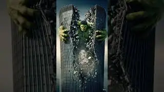 Hulk grabs a tall building and tears it into two pieces with raw strength, debris flying.#hulk #ai