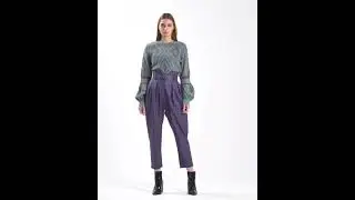 KNITTED TURQUOISE MULTICOLOR BLOUSE & ECO LEATHER HIGH WAIST TROUSERS PURPLE