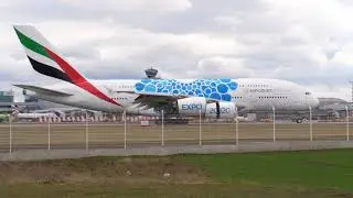 Emirates A380 Blue Expo livery landing at V&aacute;clav Havel Airport Prague Dubai to Prague