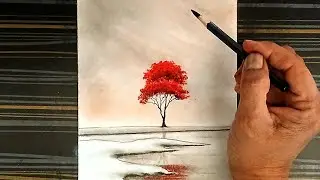 Red leaves mepal tree landscape drawing step by step with pencil.