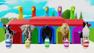 5 Giant Duck Cartoon, Cow, Elephant, Lion, Dinosaur, Paint Wild Animals Crossing Fountain Animation
