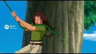 tarzan crobat swinging on a vine yelling & crash on the tree