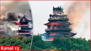 В 1500-летнем храме Юнцин в Китае вспыхнул сильный пожар &mdash; видеозапись