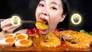 🦐 SPICY GIANT PRAWN MUKBANG 🥚 Soft-Boiled Eggs & Creamy Sauce | ASMR Eating Show