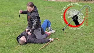 Cane Fighting: Ground Defense Against Double Knife Stab to Face - Martial Arts