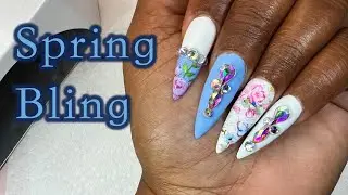 Spring Bling Nails | Matte Blue and White | Rose Foil | Gel-X Nails