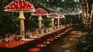 Whimsical Mushroom Table Wedding Party | Cinematic Gold-Themed Garden with Fairy Lights