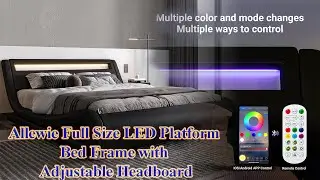Allewie Full Size LED Platform Bed Frame | Modern Faux Leather Bed with Adjustable Headboard